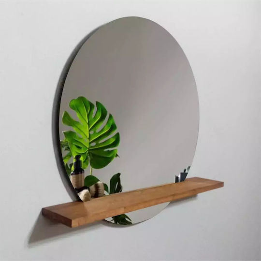 Round Wall Mirror Wooden Shelf 65 Cm