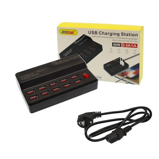 Andowl Βάση Φόρτισης με 10 Θύρες USB-A 60W σε Μαύρο χρώμα (Q-CD10P)
