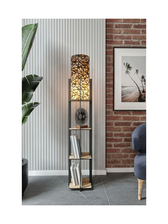 Rustic Industrial Floor Lamp Wooden Shelves – Black Metal & Warm Light 25x25x135cm