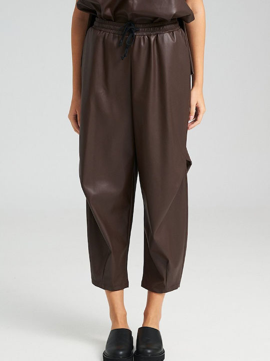 Pants Women's High-waisted Fabric Capri Trousers with Elastic Brown