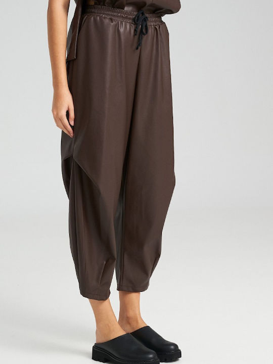 Pants Women's High-waisted Fabric Capri Trousers with Elastic Brown