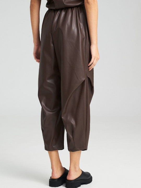 Pants Women's High-waisted Fabric Capri Trousers with Elastic Brown