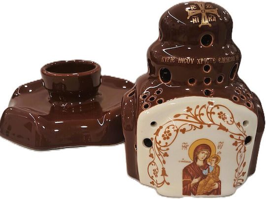 Ceramic Vigil Oil Lamp Church Ceramic Glazed Vigil Oil Lamp Church Brown White 16cm Height 16cm Width