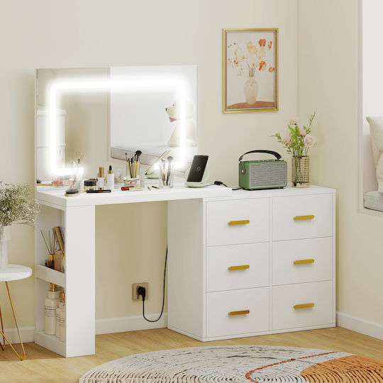 Floor-standing Bedroom Makeup Dressing Table Wooden White with Mirror 118x78x135cm