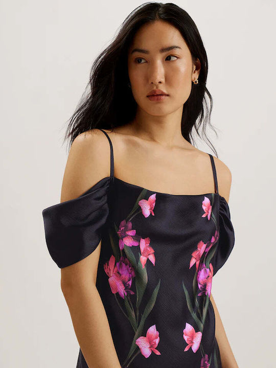 Midi Evening Satin Dress with Ruffles Black