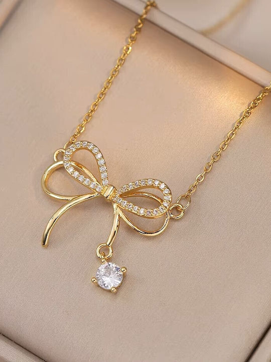 By Queen Γυναικείο Κολιέ Διπλός Φιόγκος S925 Gold Plated Ζιργκόν
