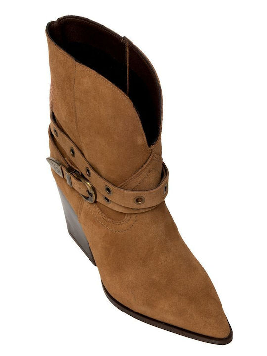 Δερμάτινα Γυναικεία Μποτάκια Cowboy με Ψηλό Τακούνι Καφέ