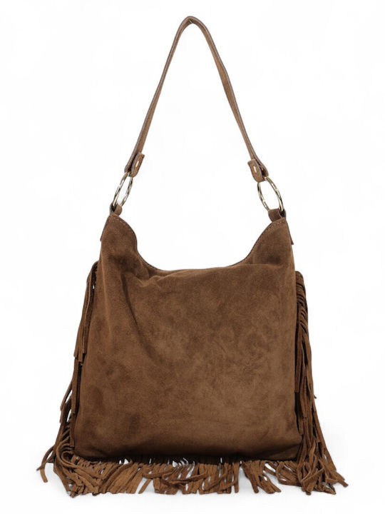 Suede Leather Women's Shoulder Bag with Fringes Brown