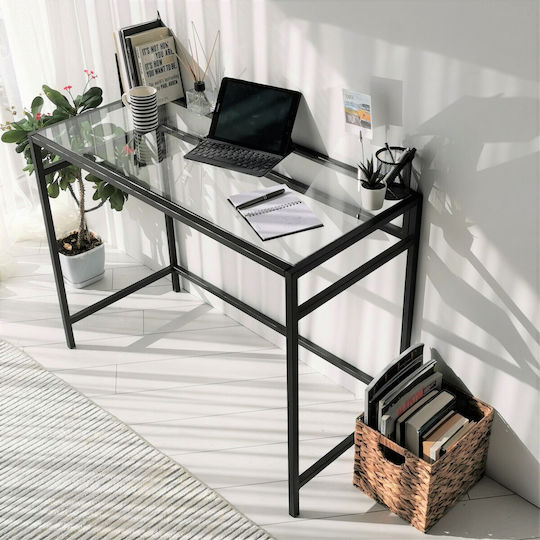 Birou Network Calisma Masasi Sticlă Negru Cu Picioare Metalice 100x45x75cm