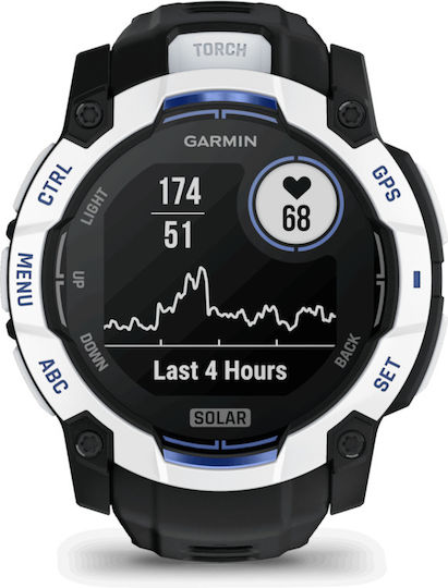 Garmin Instinct 3 Solar Aluminium 50mm Waterproof Smartwatch with Heart Rate Monitor (Whitestone with Black and Blue Limited Edition)