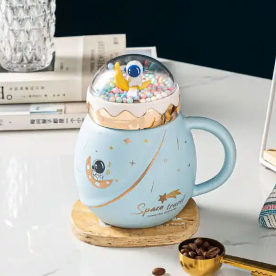 Becher Keramik mit Deckel Blau 500ml