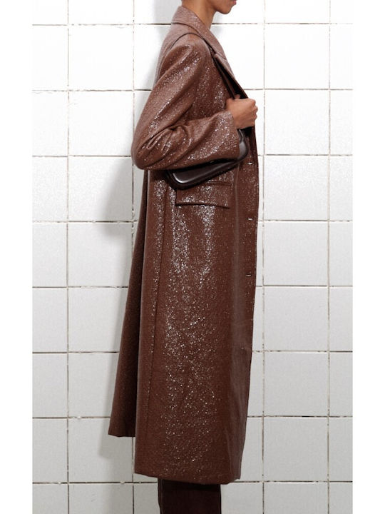 Piele Femeie Camel Palton cu Nasturi