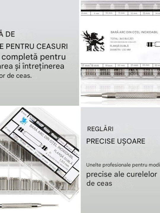 Set Profesional de Reparații Ceasuri Ace 360 de Bucăți 8-25mm Unealtă pentru Pini de Curea Ceas Carcasă de Depozitare din Oțel Inoxidabil