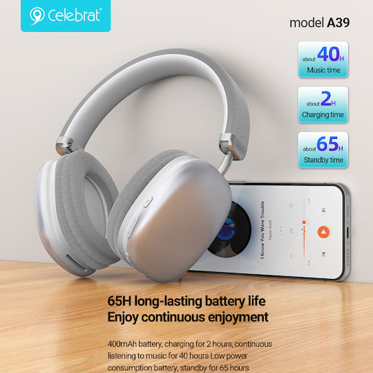 Celebrat A39 Wireless / Wired Over Ear Headphones with 20 hours of Operation White