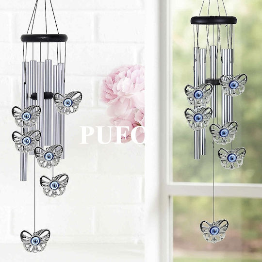 Silver Metal 5-tube Wind Chime 6 Butterflies Feng-shui Model Home Garden