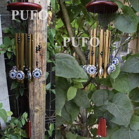Pufo Wind Chime 5 Metal Sound Tubes Home Garden Hamsa Eye Design Gold