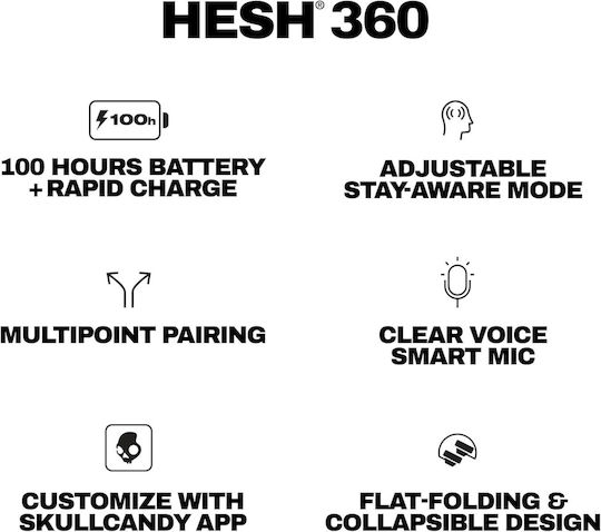 Skullcandy Hesh 360 Wireless / Wired Over Ear Headphones with 100 hours of Operation and Quick Charge Black