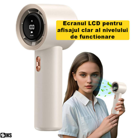 Siks Turbo Ventilator De Mână Portabil Ecran Lcd 200 Niveluri De Intensitate Afișaj Nivel Baterie Încărcare Usb Cablu Inclus Alb