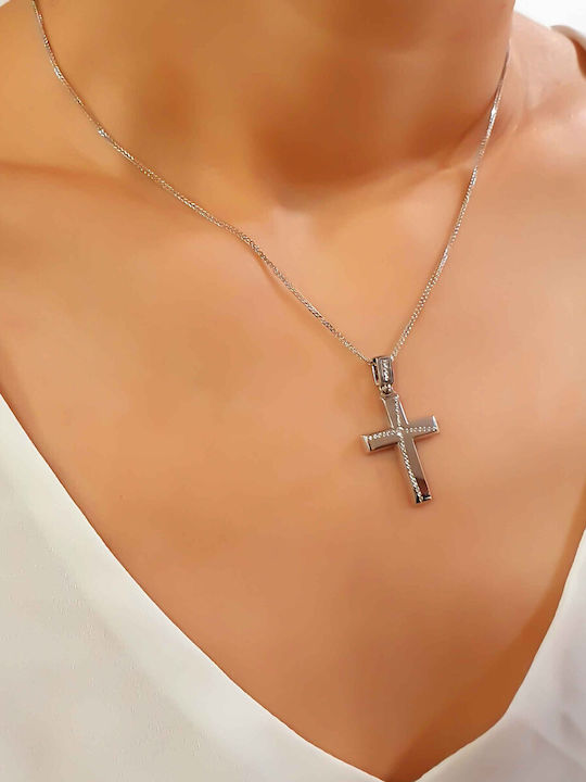 Дамски Бял златен Кръст 14K с Верижка