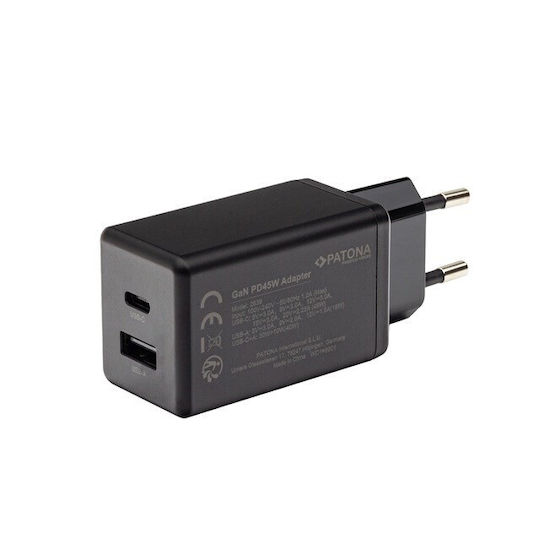 Patona Charger Without Cable with USB-A Port and USB-C Port 45W Power Delivery Blacks (IM1293)