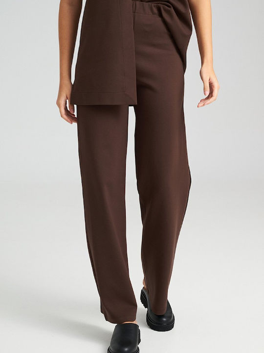 Pants Women's High-waisted Fabric Trousers with Elastic Straight Line Brown