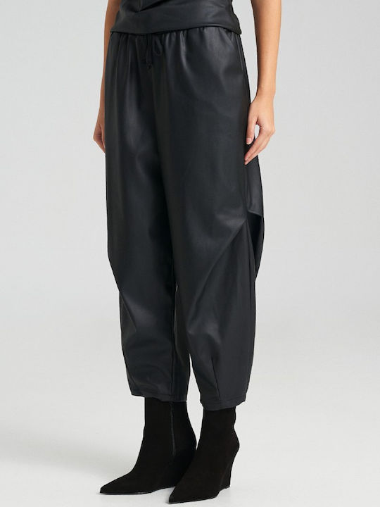 Pants Damen Hoch tailliert Stoff Capri Hose mit Gummizug Black