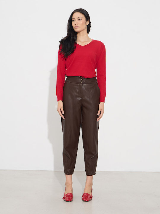 Damen Hoch tailliert Stoff Hose mit Gummizug Brown