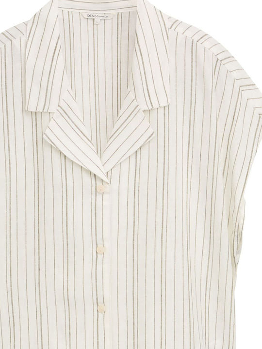 Μακρυμάνικο Γυναικείο Πουκάμισο White Olive Vertical Stripe Ριγέ