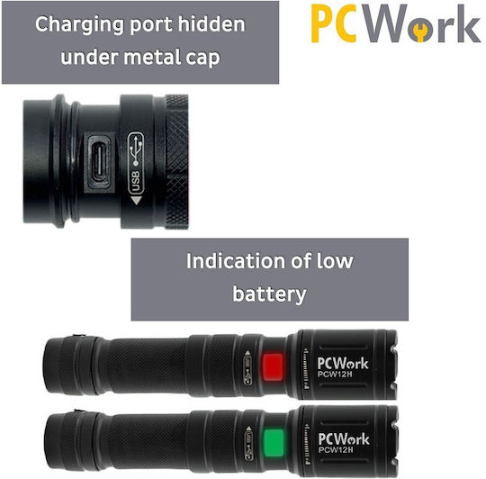Pcwork Rechargeable Flashlight LED IPX4 with Maximum Brightness 650lm