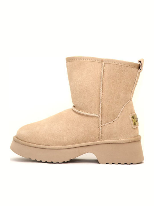 Leather Women's Ankle Boots with Fur Beige
