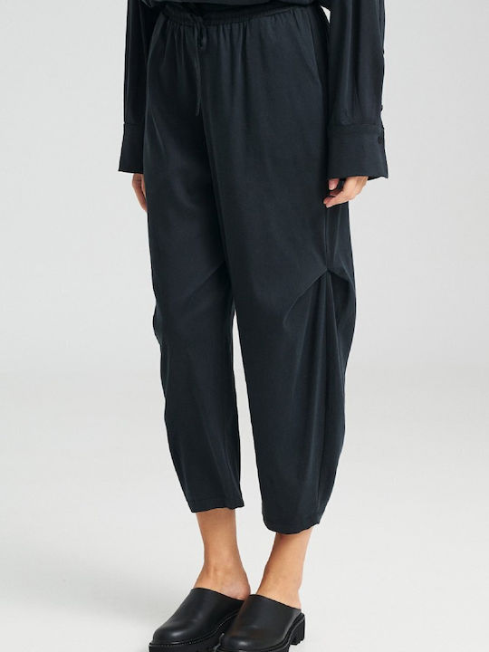 Women's High-waisted Linen Trousers Relaxed Fit Black