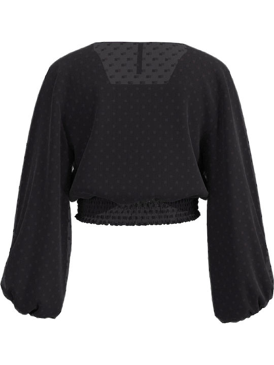 Payva Damen Crop Top Langarm mit V-Ausschnitt Polka Dot Schwarz