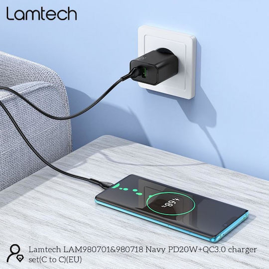 Lamtech Charger with USB-A Port and USB-C Port and Cable USB-C - USB-C 60W Power Delivery / Quick Charge 3.0 Blacks (LAM980701)