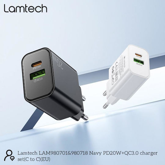 Lamtech Charger with USB-A Port and USB-C Port and Cable USB-C - USB-C 60W Power Delivery / Quick Charge 3.0 Blacks (LAM980701)