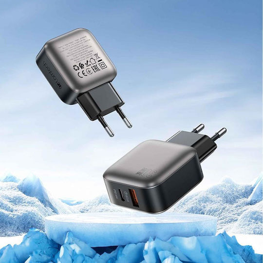 Lamtech Φορτιστής Χωρίς Καλώδιο GaN με Θύρα USB-A και Θύρα USB-C 30W Power Delivery / Quick Charge 2.0 Γκρι (LAM980442)