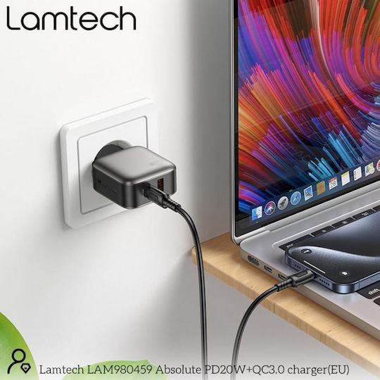 Lamtech Charger Without Cable with USB-A Port and USB-C Port 20W Power Delivery / Quick Charge 3.0 Gray (LAM980459)