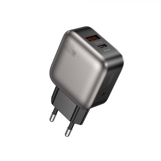 Lamtech Charger Without Cable with USB-A Port and USB-C Port 20W Power Delivery / Quick Charge 3.0 Gray (LAM980459)
