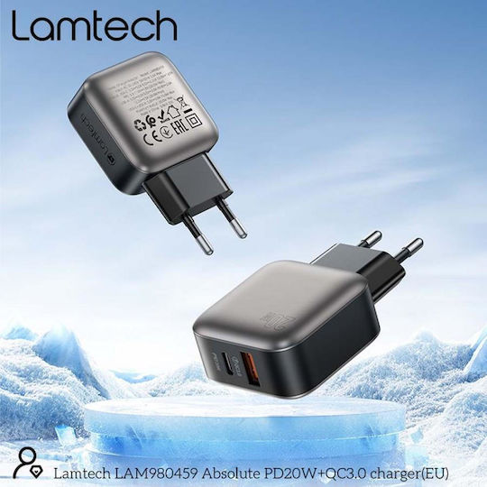 Lamtech Charger Without Cable with USB-A Port and USB-C Port 20W Power Delivery / Quick Charge 3.0 Gray (LAM980459)