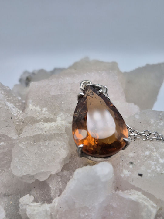 Silver Necklace Orange Tourmaline 20.75 Ct & Steel Chain – Handmade Statement Jewelry