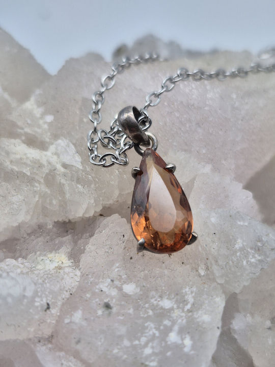 Ασημένιο Κολιέ Πορτοκαλί Τουρμαλίνη 3.65 Ct & Ατσάλινη Αλυσίδα – Χειροποίητο Κοσμήμα
