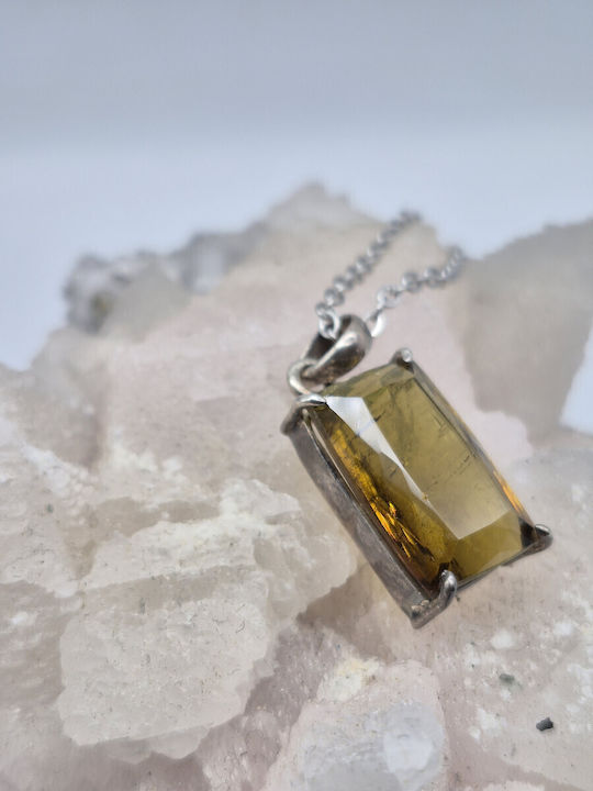 Ασημένιο Κολιέ Κίτρινη Τουρμαλίνη 19.4 Ct & Ατσάλινη Αλυσίδα – Χειροποίητο Statement Κόσμημα