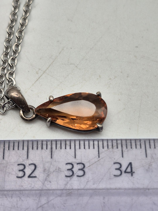 Silver Necklace Orange Tourmaline 3.65 Ct & Steel Chain – Handmade Jewelry