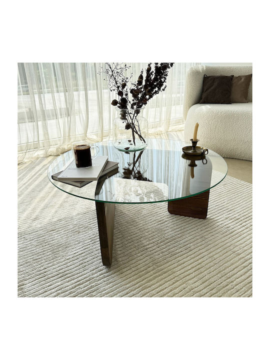 Round Central Glass Coffee Table Walnut-Clear W75xL75xH35cm