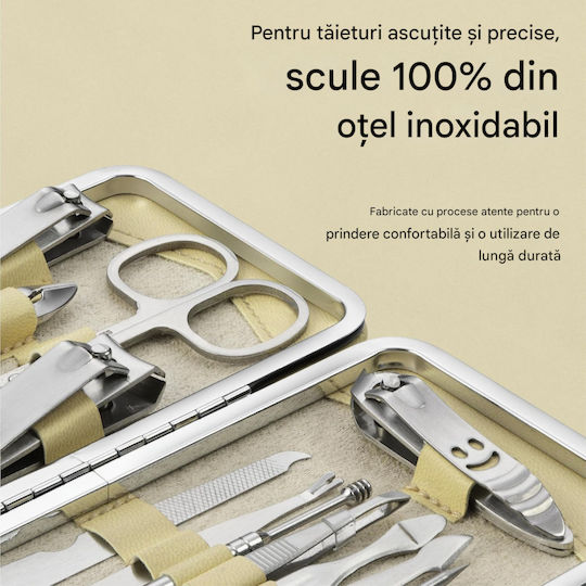 Set Manichiură Pedichiură H&s 14 Piese Oțel Inoxidabil Geantă De Depozitare Bej