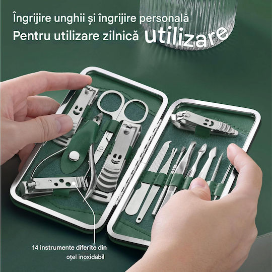 Set Manichiură Pedichiură H&s 14 Piese Oțel Inoxidabil Geantă De Depozitare Verde
