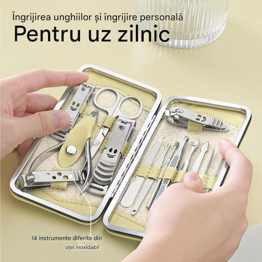 Set Manichiură Pedichiură H&s 14 Piese Oțel Inoxidabil Geantă De Depozitare Bej