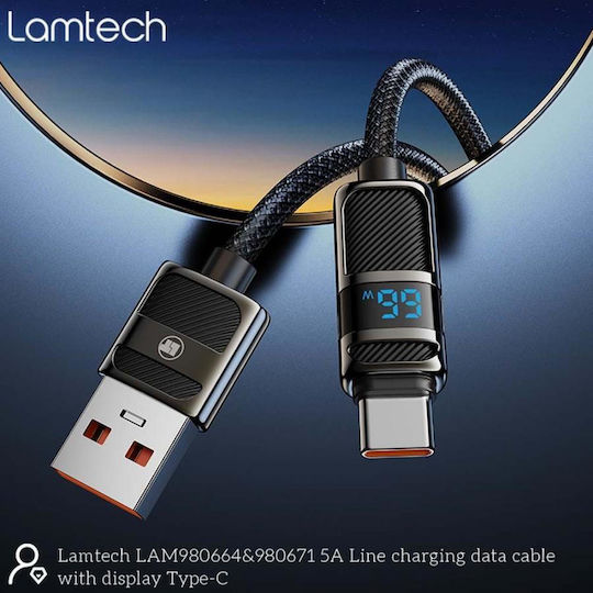 Lamtech Geflochten USB 2.0 Kabel USB-C männlich - USB-A 66W Schwarz 1.2m