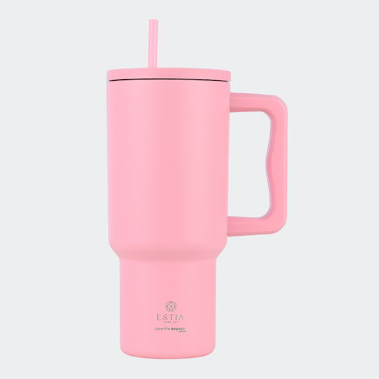 Estia Straw Tumbler XL Save the Aegean Recycelbar Becher mit Griff Thermosflasche Rostfreier Stahl BPA Frei 900ml Blossom Rose mit Stroh und Handgriff