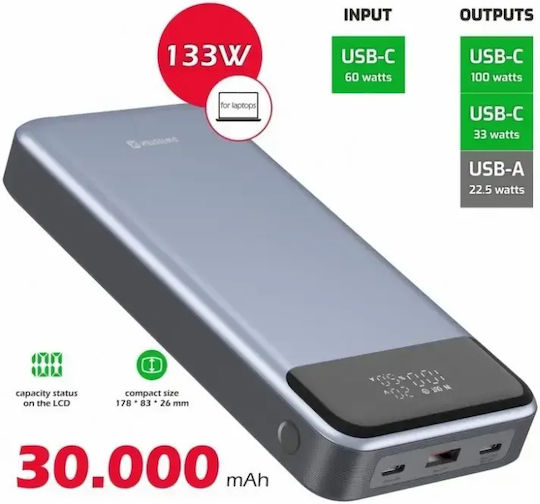 Swissten Laptop Power Bank 30000mAh 133W with USB-A Port and 2 USB-C Power Delivery Ports Gray