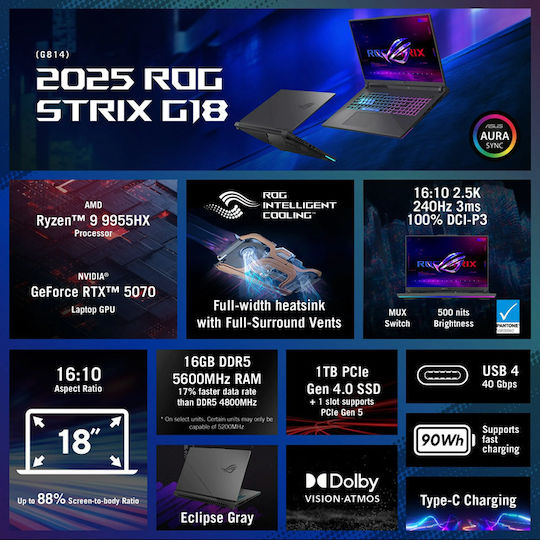 Asus ROG Strix G18 G814FP-S8053 18" IPS FHD+ 165Hz (Ryzen 9-9955HX/32GB/1TB SSD/GeForce RTX 5070/Kein Betriebssystem) Eclipse Gray (US Tastatur)